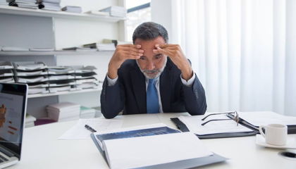 A professional holding his forehead in concentration while struggling to focus on his work, a common sign of brain fog.