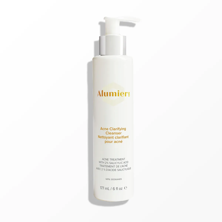 Alumier Acne Clarifying Cleanser with pump bottle, white container, minimalist label.