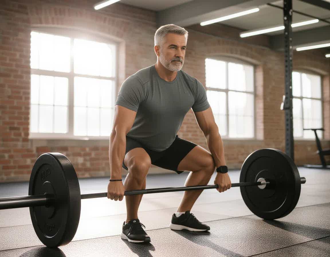 Fit, focused man in his 40s performing a barbell squat, strength training and healthy aging