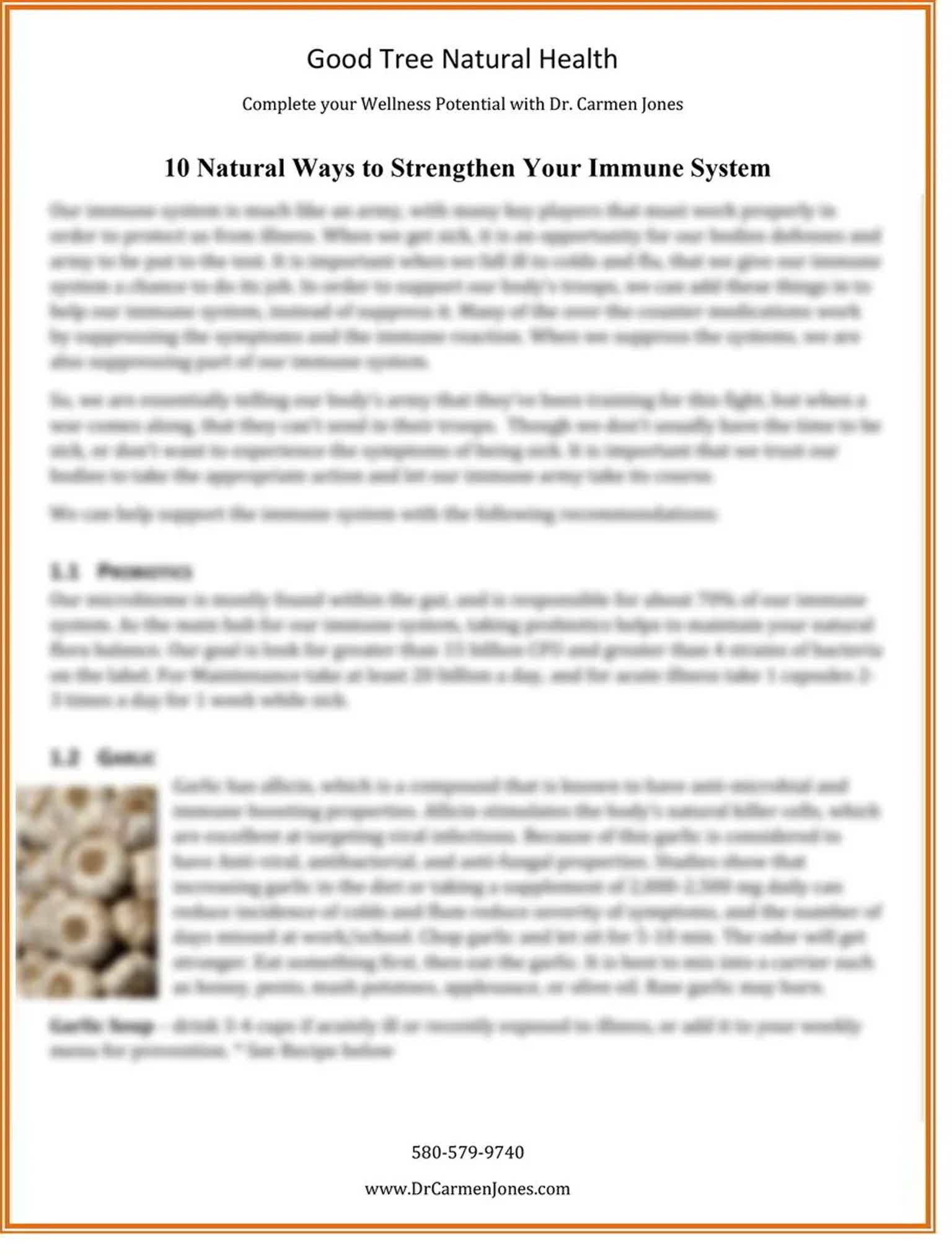 Newsletter page titled “10 Natural Ways to Strengthen Your Immune System” from Good Tree Natural Health, with small product i