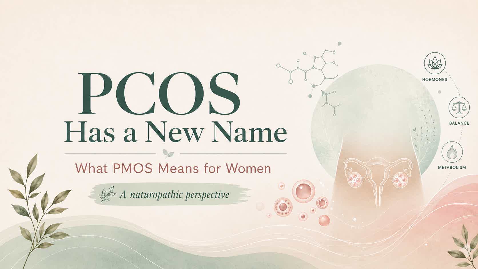 “PCOS Has a New Name” banner with reproductivl icons and labels for hormones, balance, and metabolism.