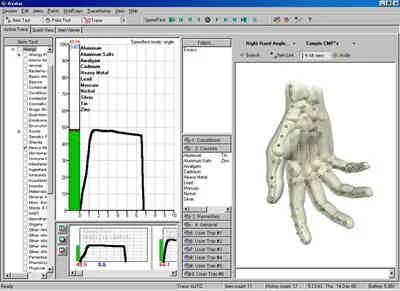 Screenshot of 3D animation software with a model of a human skeleton and a green performance graph on the left.