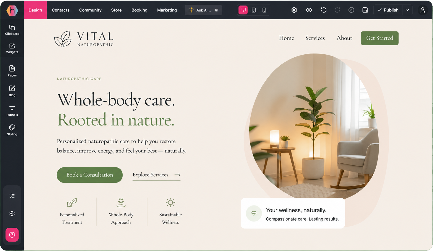 Website hero section for Vital Naturopathic: “Whole-body care. Rooted in nature.” with consultation button and indoor plant r