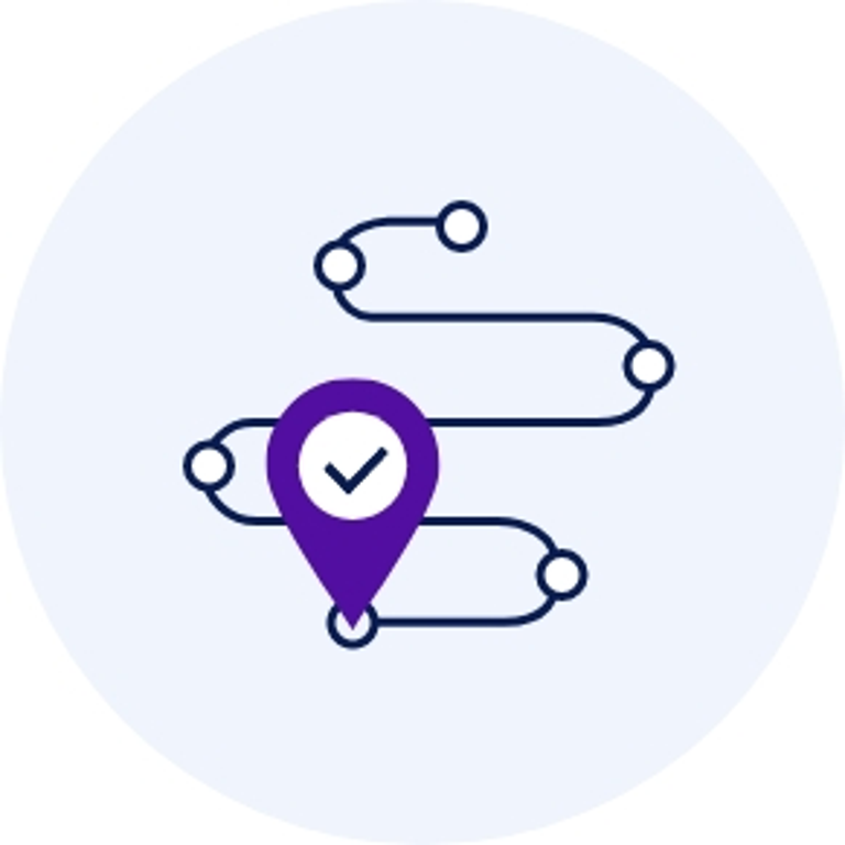 Purple map pin with a checkmark over a wavy blue route, on a pale circular background.