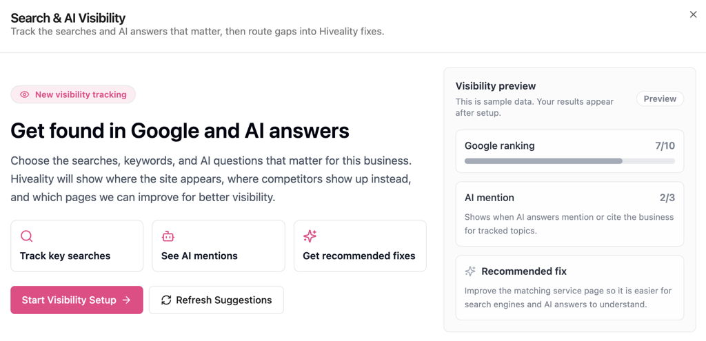 The Hiveality visibility panel showing tracked search targets, Google rank checks, and AI mention results.