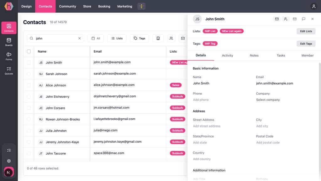 Hiveality contact detail showing a single record with fields, tags, list memberships, and a unified timeline of interactions.