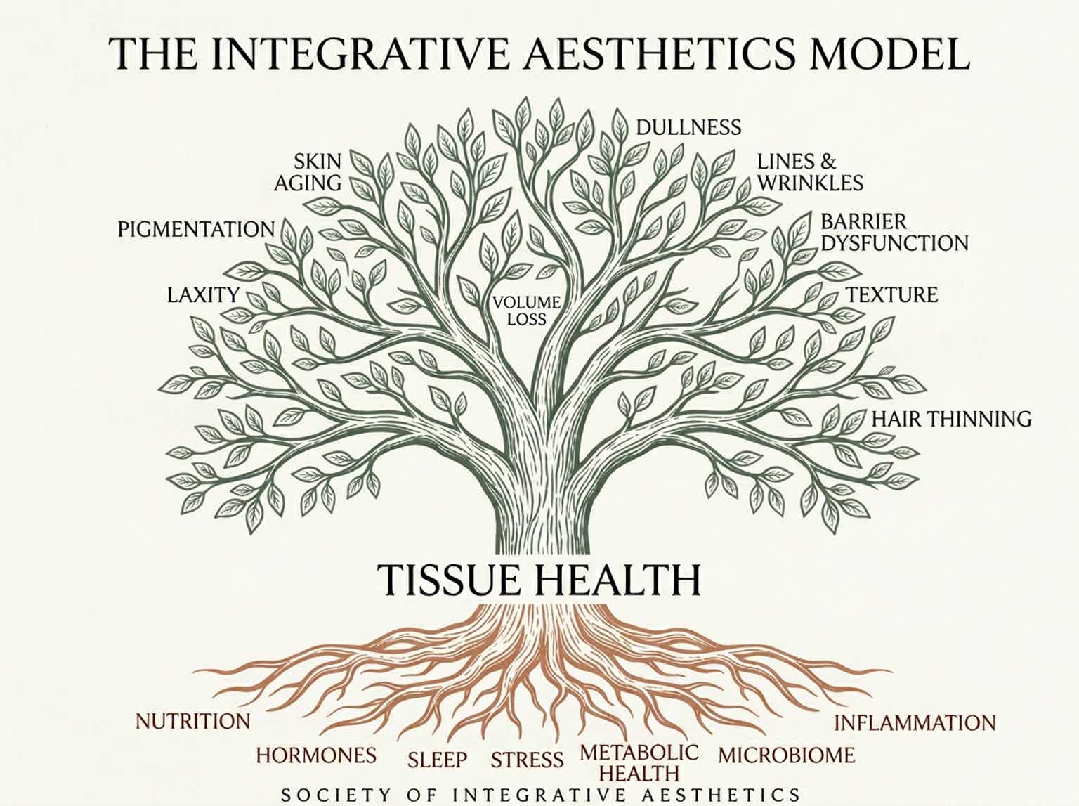 Infographic tree linking skin issues—dullness, wrinkles, pigmentation, barrier dysfunction, texture, hair thinning—to tissue