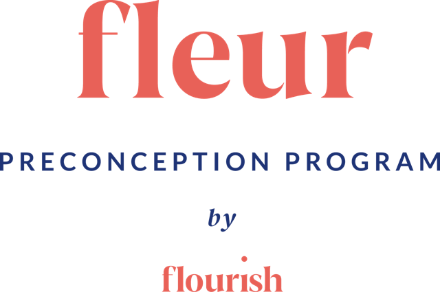 Fleur logo with “PRECONCEPTION PROGRAM” in blue and “by flourish” below on black background.
