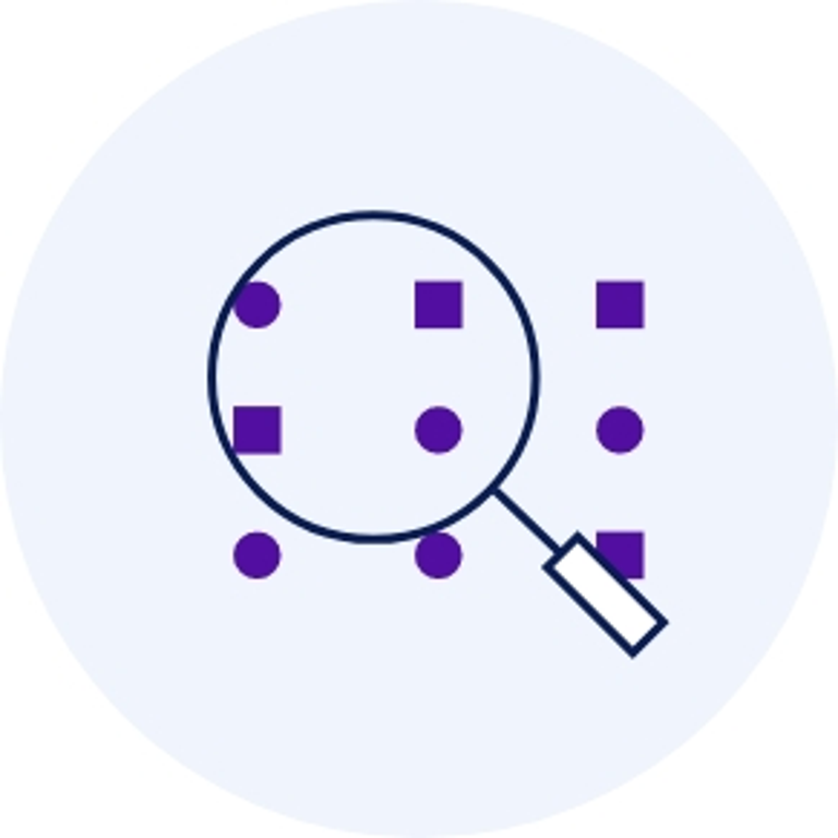 Magnifying glass tracing purple squares and circles, suggesting data pattern search or analysis.