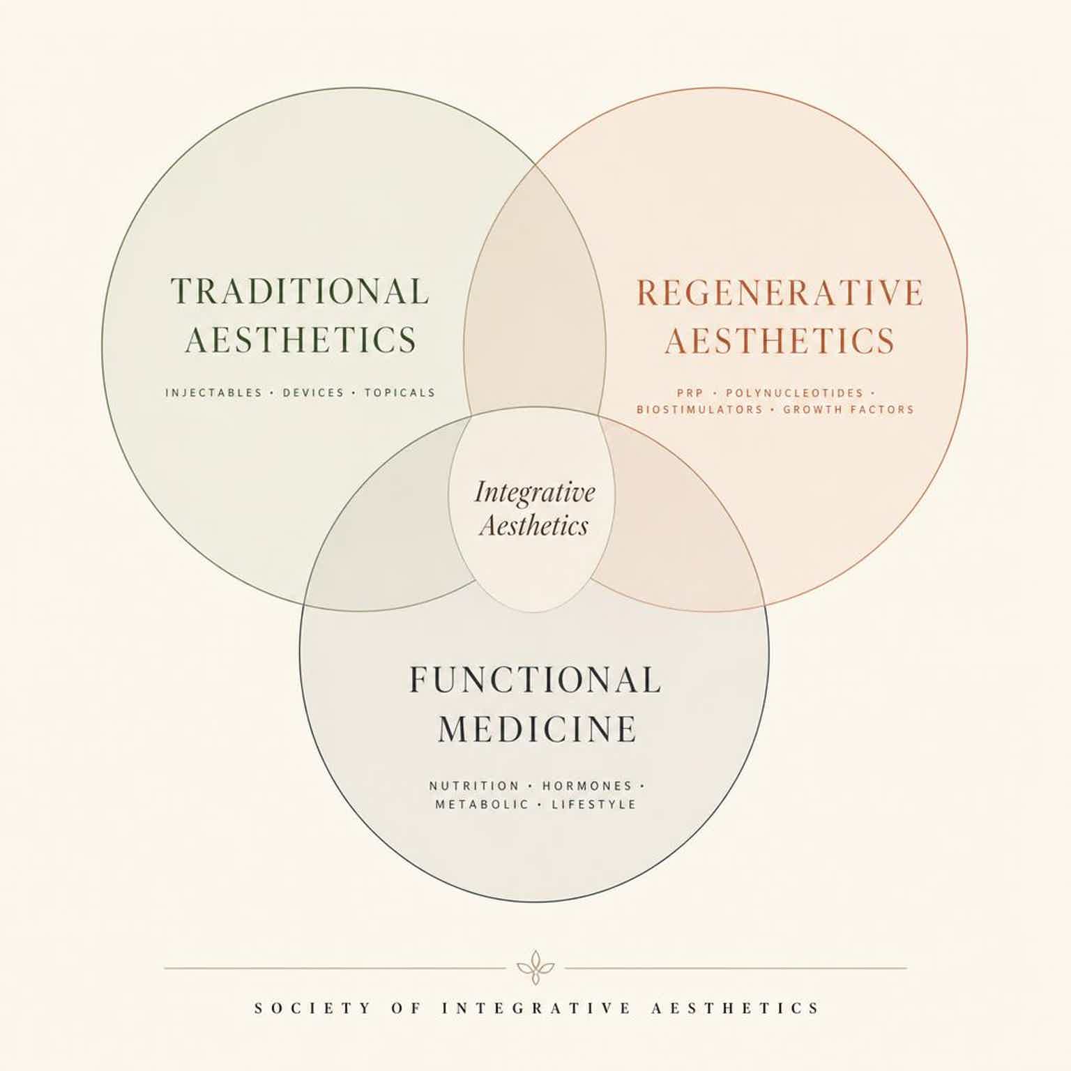Venn diagram: Traditional Aesthetics, Regenerative Aesthetics, Functional Medicine, with Integrative Aesthetics center text.