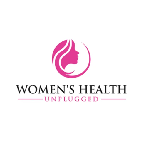 Logo: pink circular silhouette of a woman's profile above the text “WOMEN'S HEALTH UNPLUGGED” with pink lines.