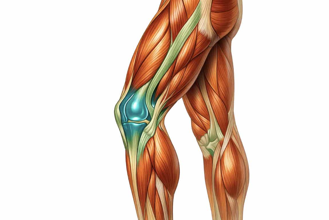 Anterior view of leg muscles, highlighting the hamstring and knee area with colored anatomical overlays.
