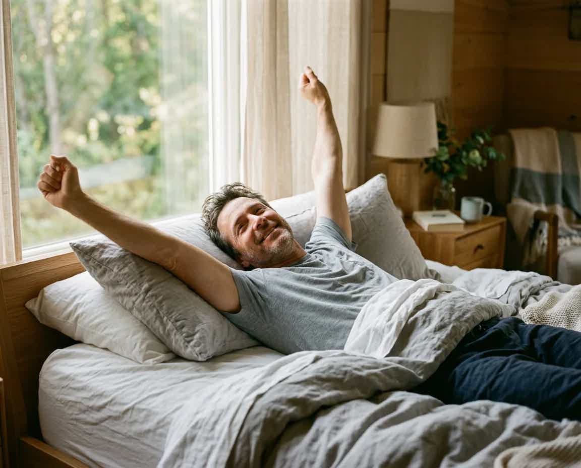 Man in his 40s stretching and waking up refreshed in bed with soft morning light
