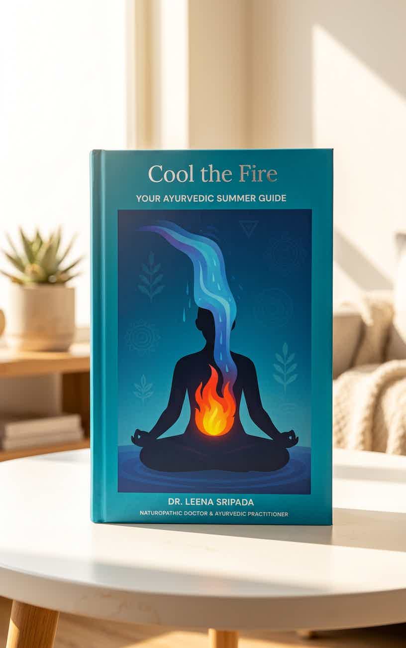 A teal yoga wellness book titled “Cool the Fire” with an illustration of a burning flame between meditating figures.