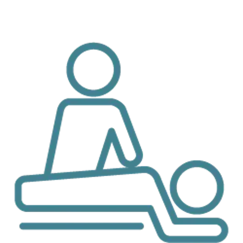 Blue line icon of a person reclining or lying on a bed with an adjacent small circle.