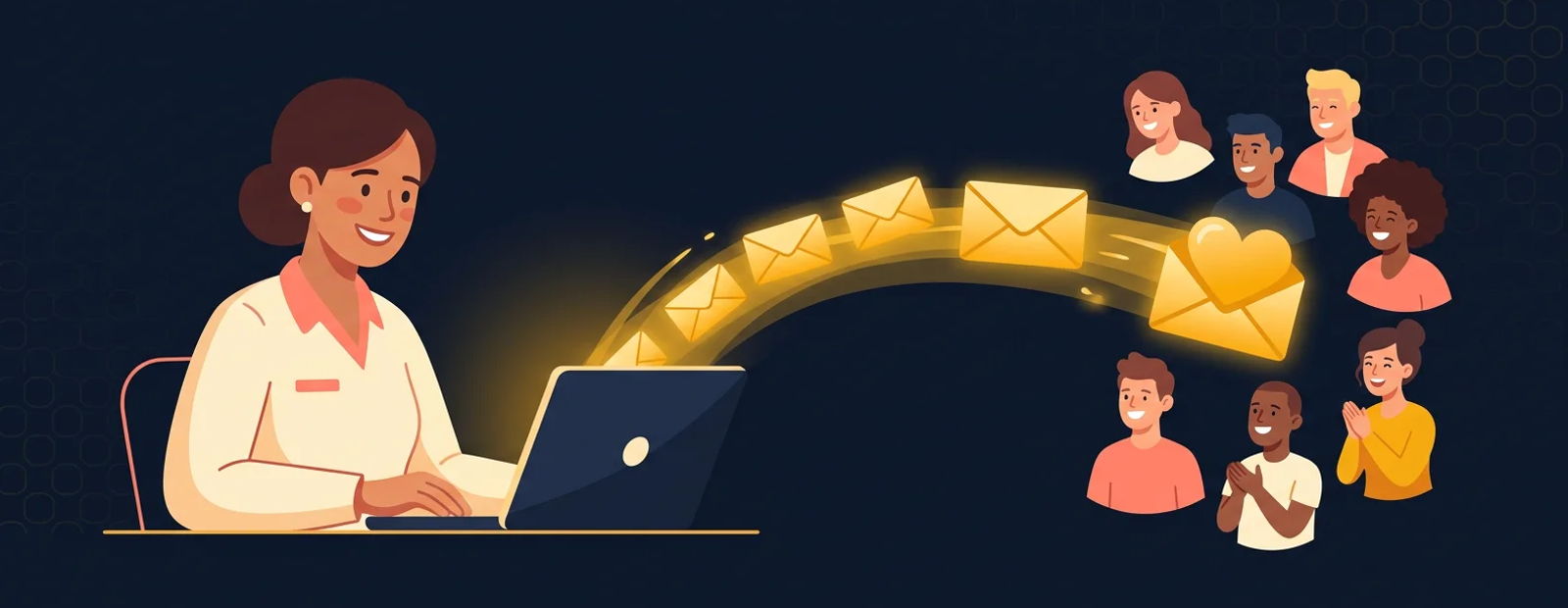 Health coach at a laptop sending golden email envelopes to a group of happy clients