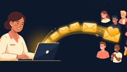 Health coach at a laptop sending golden email envelopes to a group of happy clients