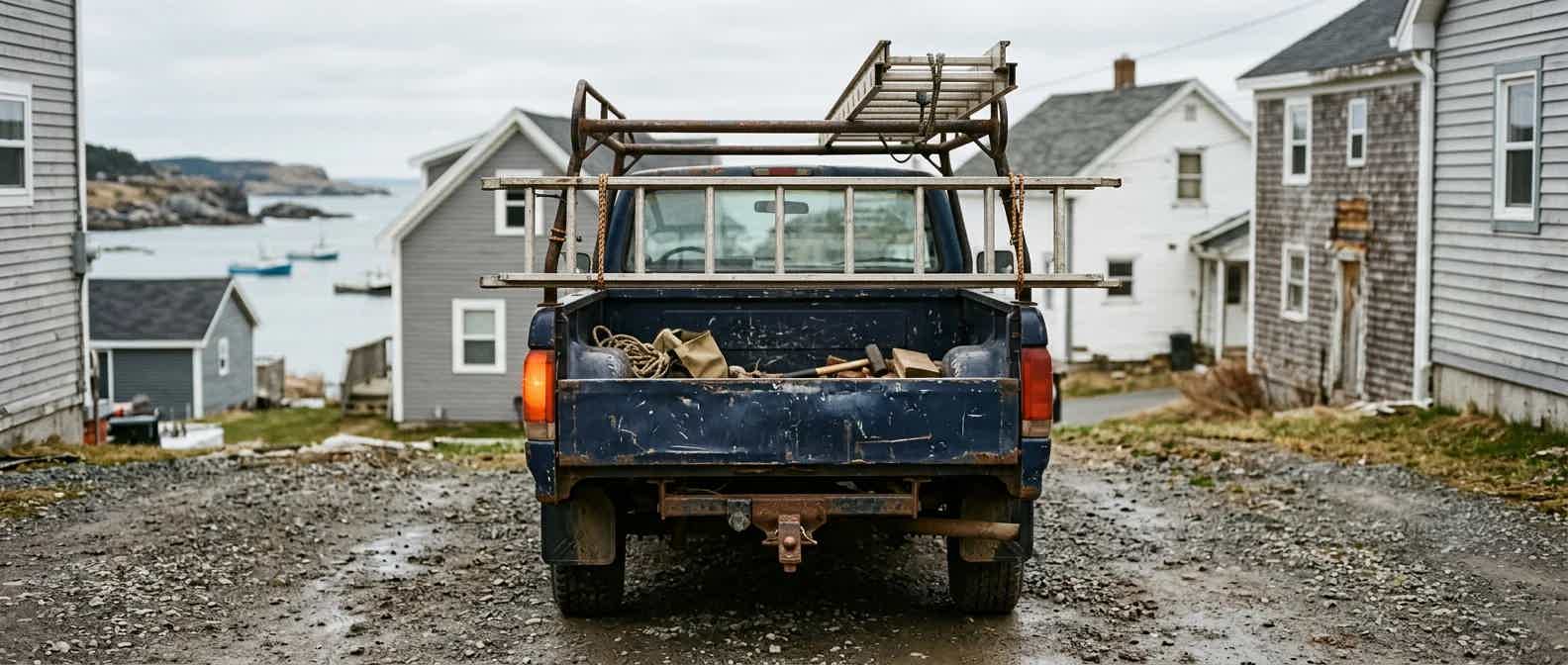 Weathered work truck seen from behind in a gravel driveway, ladder racked on top, coastal Maritime houses beyond.