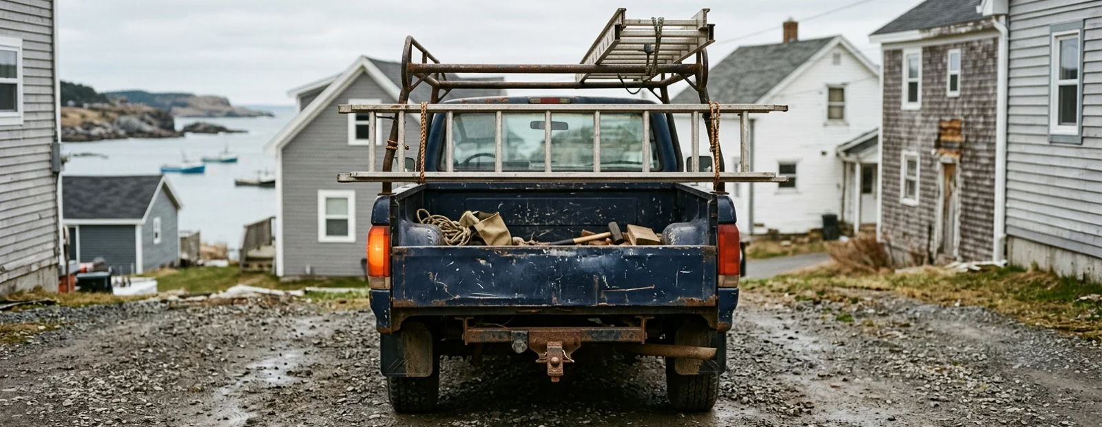 Weathered work truck seen from behind in a gravel driveway, ladder racked on top, coastal Maritime houses beyond.