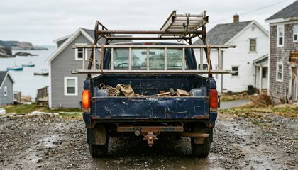 Weathered work truck seen from behind in a gravel driveway, ladder racked on top, coastal Maritime houses beyond.