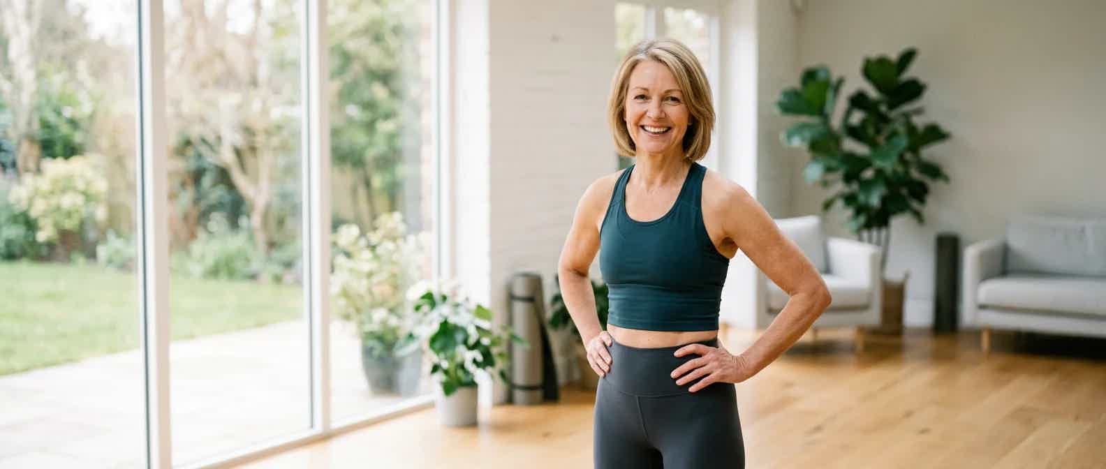 Confident woman in her 50s smiling in natural light, representing menopause wellness and healthy aging