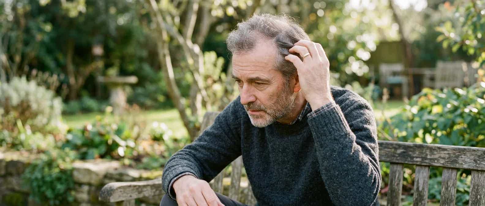 Man examining thinning hair at the temples and crown while looking in a mirror, a common presentation of male pattern hair loss