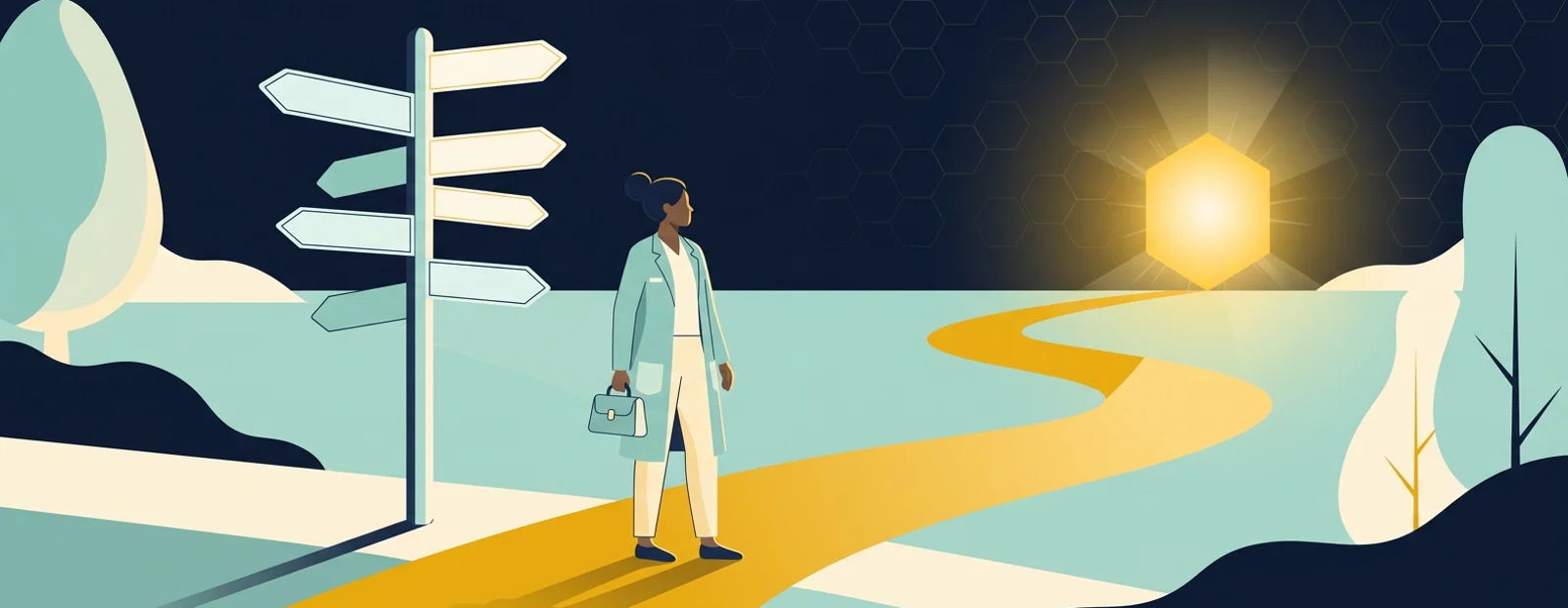 Practitioner at a crossroads of seven paths choosing a golden route to a hexagonal beacon