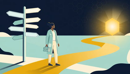 Practitioner at a crossroads of seven paths choosing a golden route to a hexagonal beacon