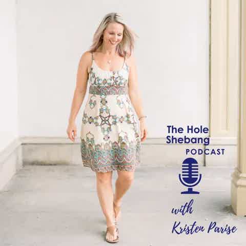 Woman walking outdoors in a patterned summer dress, smiling. Podcast logo and microphone on right with text "The Hole Shebang