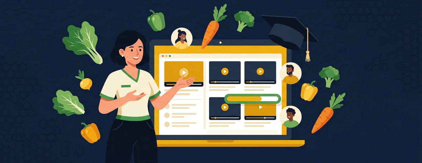 Nutritionist presenting an online course interface with lesson tiles, produce, and student avatars