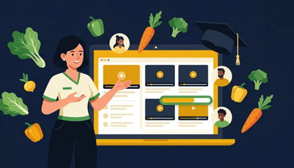 Nutritionist presenting an online course interface with lesson tiles, produce, and student avatars
