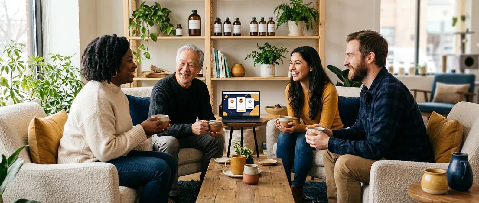 Small group in a bright clinic lounge with herbal tea, with a member portal on a nearby laptop