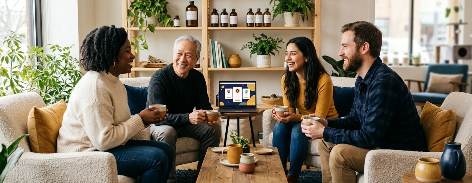 Small group in a bright clinic lounge with herbal tea, with a member portal on a nearby laptop