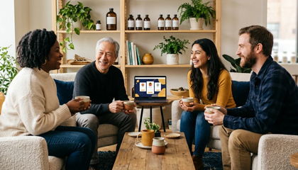 Small group in a bright clinic lounge with herbal tea, with a member portal on a nearby laptop