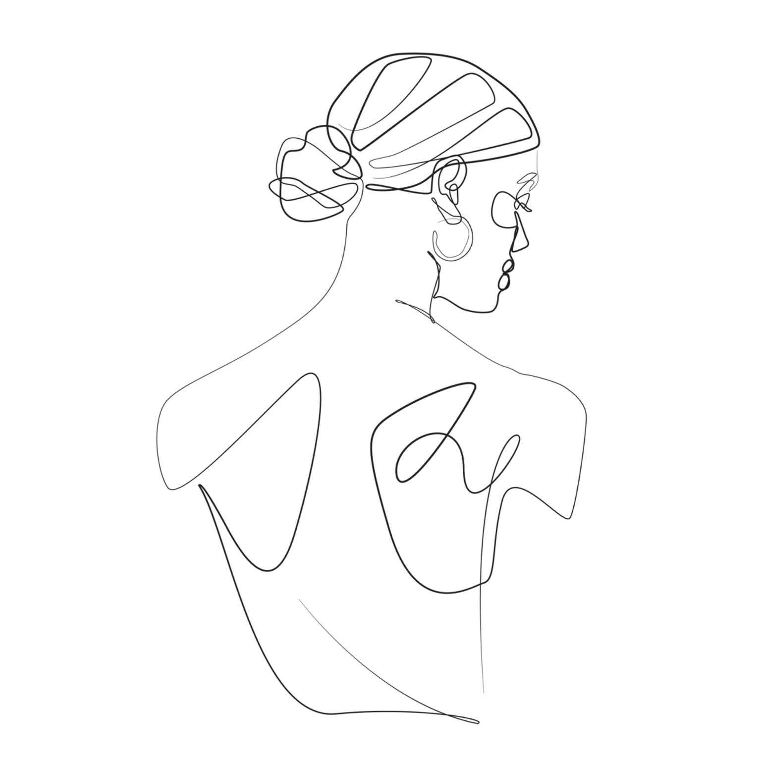 Line drawing of a woman's back and shoulder, hair in a bun, facing right, with abstract lines on the back.