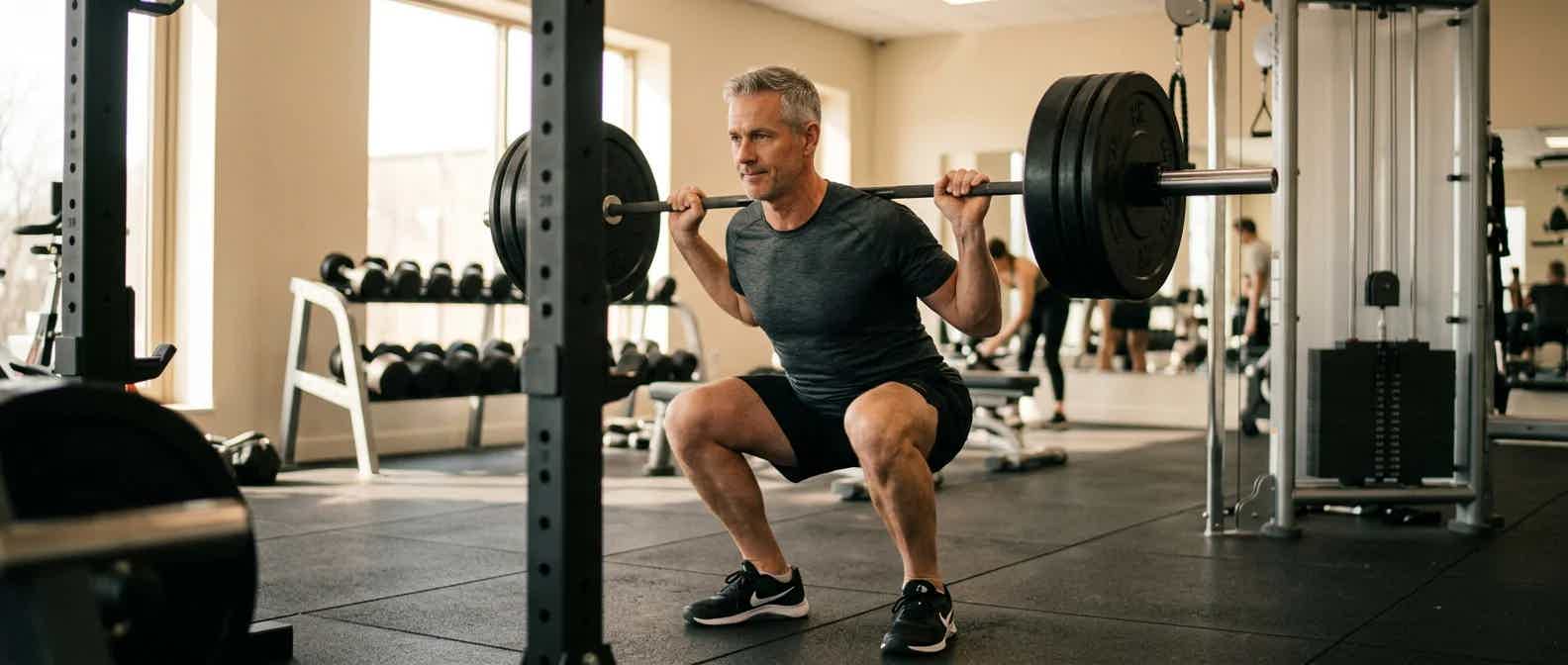 Mature athletic man in his 40s doing strength training in a modern gym, lifting weights with perfect form and confident posture
